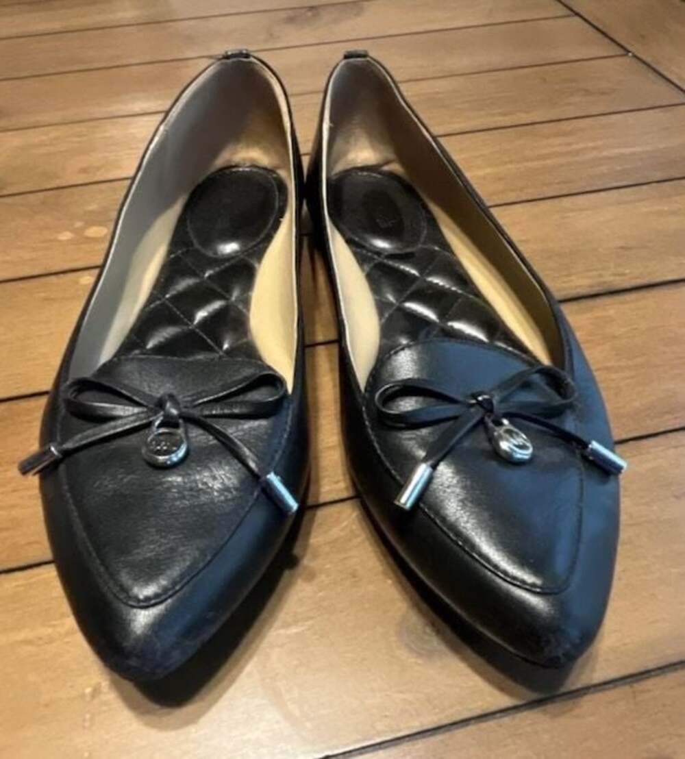 Michael Kors Quilted Black Leather Pointed Toe Flats with Bow Detail